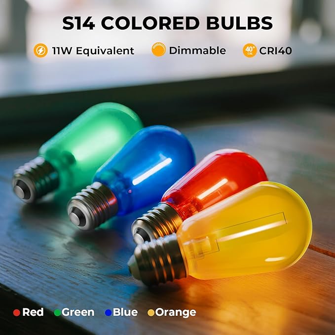 24 Pack S14 Colored LED String Light Bulbs, 1W Plastic Shatterproof Replacement