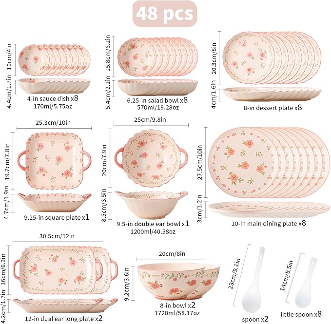 Ceramic Dinnerware Set, Floral Plates and Bowls Sets, Microwave & Dishwasher