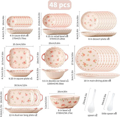 Ceramic Dinnerware Set, Floral Plates and Bowls Sets, Microwave & Dishwasher