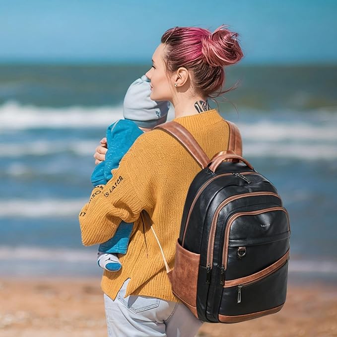 43L Backpack for Women Men - Vegan Leather Backpack Purse Travel Carry-on Bag College Bookbag Work fits 17" Laptop,Black&Brown
