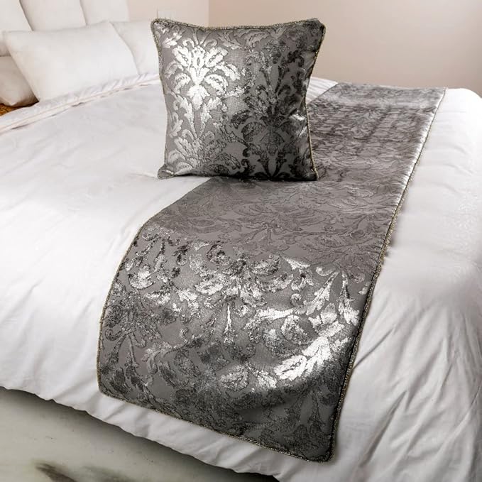 The HomeCentric Silver Bed Runner, CA King Size 86"x18" Decorative Bed Runner with Matching Pillow Cover, Silver & Grey Velvet Bed Scarf in Foil Velvet Bead Border - Silver Glitterati