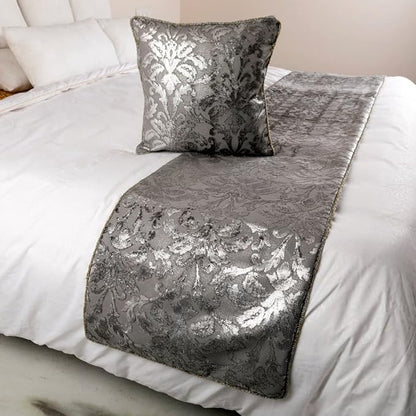 The HomeCentric Silver Bed Runner, CA King Size 86"x18" Decorative Bed Runner with Matching Pillow Cover, Silver & Grey Velvet Bed Scarf in Foil Velvet Bead Border - Silver Glitterati