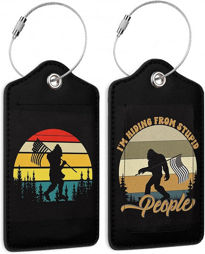 2 Pack Luggage Tag for Suitcase, Bigfoot American Flag Leather Bag Tags Identifiers Privacy Cover ID Label with Durable Steel Loop for Women Men Kids Girls Travel