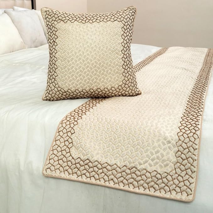 The HomeCentric King/Queen/Twin Ivory & Gold Designer CA King 86"x18" Bed Runner with Pillow Cover, Mosaic & Beaded Bed Scarf on Jacquard Fabric - Tessellation