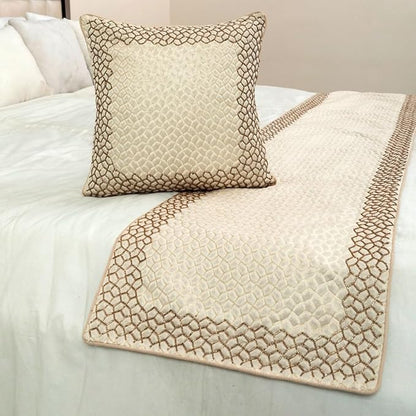 The HomeCentric King/Queen/Twin Ivory & Gold Designer Queen 74"x18" Bed Runner with Pillow Cover, Mosaic & Beaded Bed Scarf on Jacquard Fabric - Tessellation
