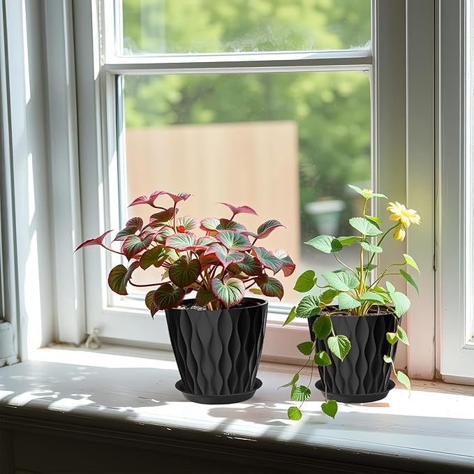 6 Pack 7 Inch Plant Pots with Drainage and Saucers, Stackable Nursery Planters