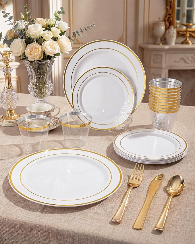 bUCLA 300PCS Gold Disposable Dinnerware Set