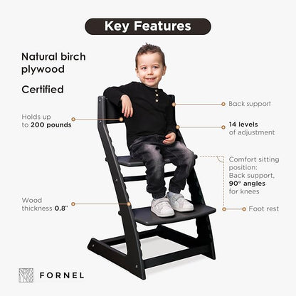 FORNEL Modern Black Wooden High Chair | The Adjustable Grow-with-Me Chair, A Sleek Alternative to Stokke | Perfect for Minimalist & Industrial Kitchens