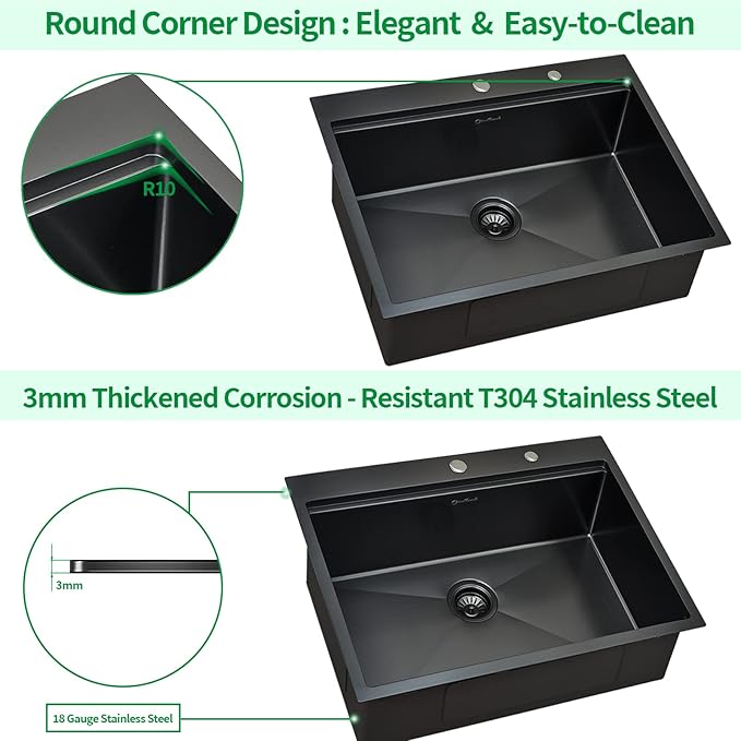 25 Kitchen Sink Drop-In Workstation, 25 x 22 Inch Gunmetal Black Stainless Steel Workstation Sink Topmount Single Bowl with Cutting Board,for Kitchen, Laundry, Utility Room