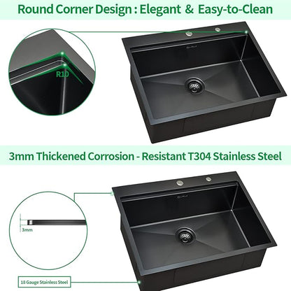 25 Kitchen Sink Drop-In Workstation, 25 x 22 Inch Gunmetal Black Stainless Steel Workstation Sink Topmount Single Bowl with Cutting Board,for Kitchen, Laundry, Utility Room