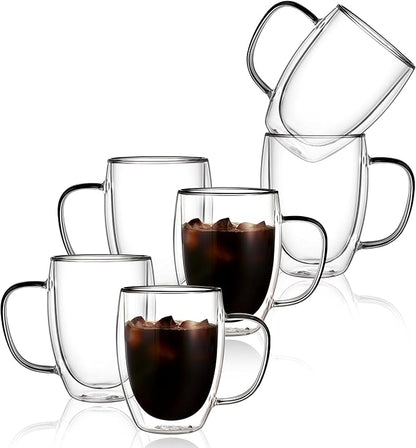 CNGLASS 6 Pack Double Walled Glass Coffee Mugs，12oz Clear Coffee Cups