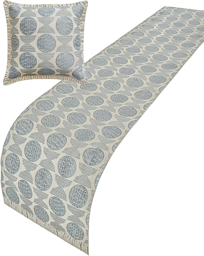 The HomeCentric King/Queen/Twin Blue Decorative Bed Runner King 90"x18" Bed Runner with Two Pillow Cover, Embroidery, Ruffles Bed Scarf on Linen Fabric - Ellara Blue