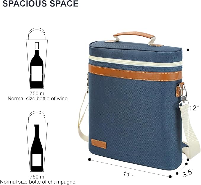 ZORMY 3 Bottle Insulated Wine Tote Cooler Bag, Portable Carrier with Corkscrew Opener and Shoulder Strap for Beach Travel Picnic, Unique Gift for Wine Lovers Navy Blue