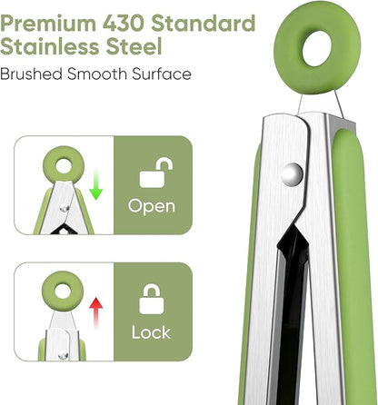 12 Inch Cooking Tongs, 2-in-1 Design with 0.5oz Measure Spoon, Stainless Steel Kitchen Tongs with Silicone Tips, Non-Stick Food Tongs for Cooking, Grilling, BBQ, Salad, Buffet, Serving (12", Green)