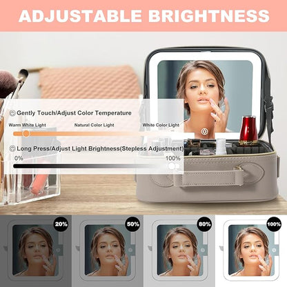 Mocado Travel Makeup Bag with LED Lighted Mirror,Travel Makeup Organizer,Makeup Case with 3 Color Lighted Setting and 10x Magnifying Mirror,Portable Storage and Adjustable Dividers Makeup Box(Grey)