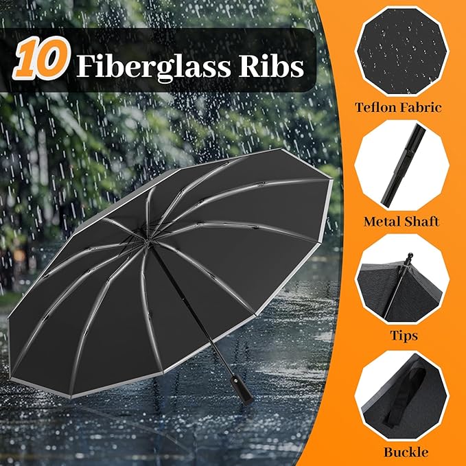 Travel Umbrella Superior, Beautiful & Compact, Large Strong but Light Portable and Automatic Folding Rain Umbrella, Premium Grip, Fits Car & Backpack