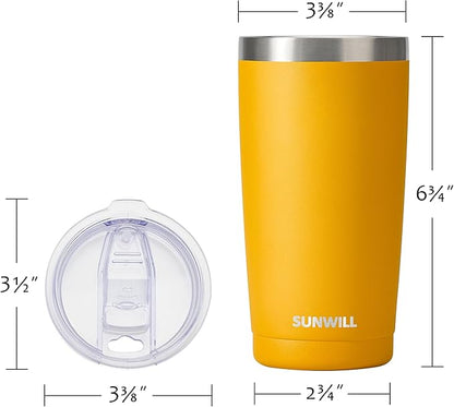 SUNWILL Travel Coffee Tumbler 20 oz, Insulated Mug with Lid, Stainless Steel Cup for Hot and Cold Drinks, Powder Coated Yellow
