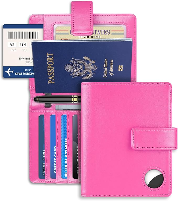 Passport Holder Wallet Cover Case for Women and Men,RFID Blocking,Passport Case with AirTag Holder,Travel Accessories (Pink)