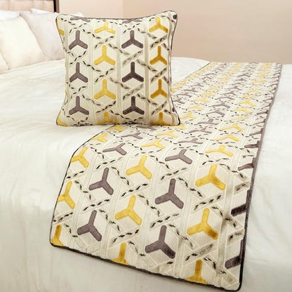 The HomeCentric King/Queen/Twin Grey & Yellow Designer Queen 74"x18" Bed Runner with Pillow Cover, Beaded Bed Scarf on Velvet Fabric - Tripod