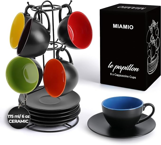 MIAMIO - Set of 6, Ceramic Stackable Cappuccino Cups Set / 6 Ounce Cappuccino