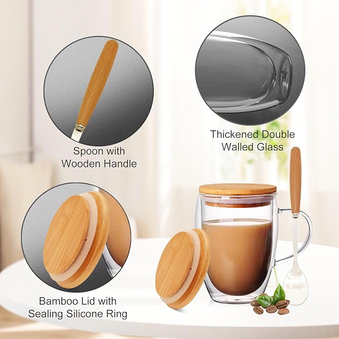 4 Pack 12oz Double Walled Glass Coffee Mugs