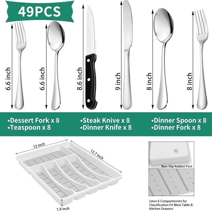 49PCS Silverware Set with Organizer, Stainless Steel Flatware Drawer Cutlery Set