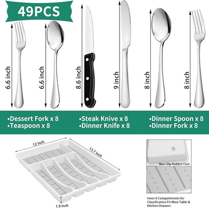49PCS Silverware Set with Organizer, Stainless Steel Flatware Drawer Cutlery Set