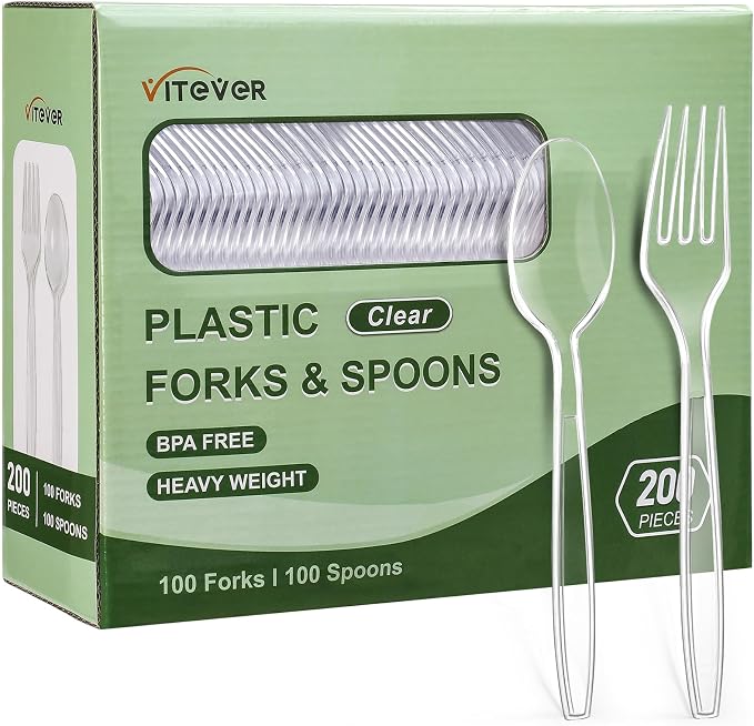 Disposable Plastic Silverware, Heavy Duty Forks and Spoons Set, Durable Plastic