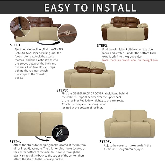 Easy-Going 6 Pieces Recliner Loveseat Stretch Sofa Slipcover Sofa Cover Furniture Protector Couch Soft with Elastic Bottom Kids, Spandex Jacquard Fabric Small Checks Beige