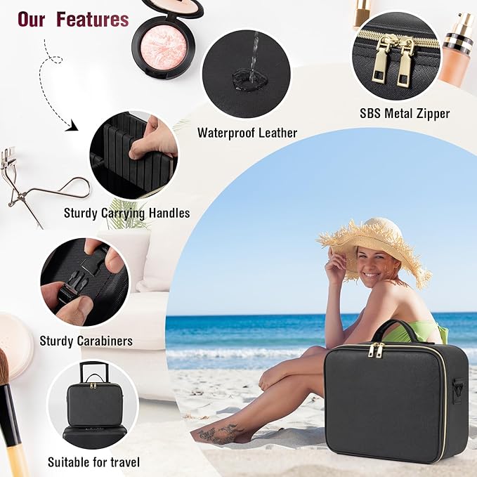 Mid-Size Makeup Bag with LED 1X5X10X20X30X Magnifying Mirror and Travel Makeup Train Case Cosmetic Organiser with Mirror and Separate Makeup Brush Panel, Portable Adjustable Divider, Black