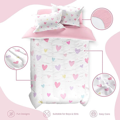 SANDJEST Heart Comforter Set Full Size 98x86in for Kids Girls, Microfiber 4 Pcs Bedding Set Includes 1 Comforter, 2 Pillowcases, 1 Fitted Sheet, Nursery Room Decor