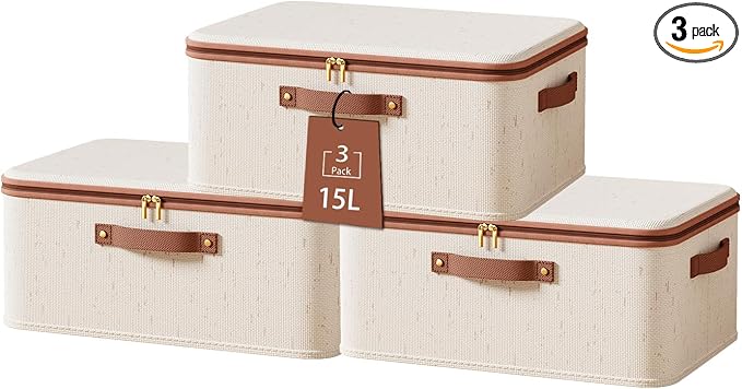 Tuza 3 Pcs Rigid Storage Bins with Zipper Lid, Cotton Linen Fabric Storage Boxes, Foldable Shelves Clothes Storage Cubes with Handles for Wardrobe, Closet(Beige, 15L)