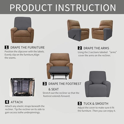 Easy-Going Recliner Stretch Sofa Slipcover Sofa Cover 4-Pieces Furniture Protector Couch Soft with Elastic Bottom Kids Spandex Jacquard Fabric Small Checks(Large,Gray)