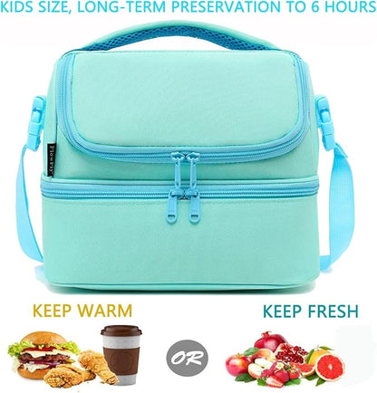 FlowFly Double Decker Cooler Insulated Lunch Bag Large Tote for Boys, Girls, Men, Women, With Adjustable Strap,Light Blue