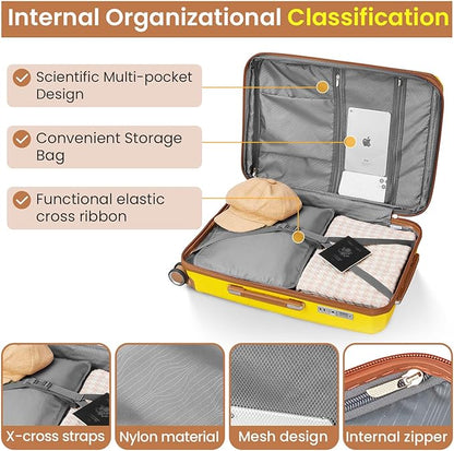 Campfun Luggage Sets 4 Piece, Expandable Carry On Luggage Set Hardshell PP, Suitcase Set with Double Spinner Wheels, Checked Durable Lightweight with TSA Lock, 14/20/24/28in, Yellow Brown(B)
