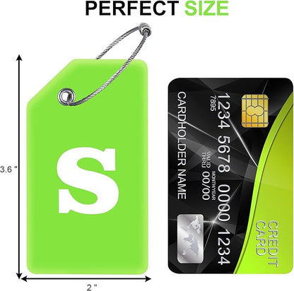 8 Pcs Luggage Tags for Suitcases, 26 Initial Letter Travel Luggage Baggage Identification Labels ID Tags Fully Bendable Tags with Stainless Steel Loop (Letter S, Green)