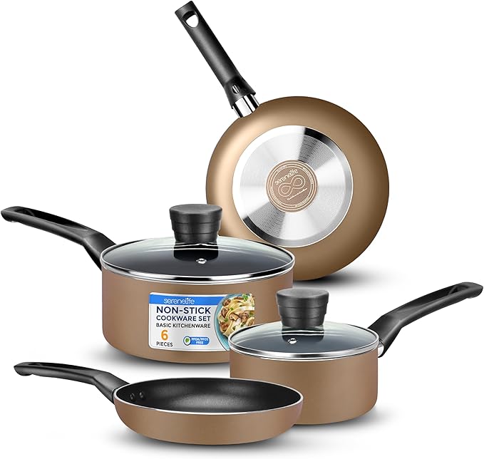 SereneLife 6-Piece Pots and Pans Set – Nonstick Cookware, Black Coating, Heat-Resistant, Dishwasher safe, Includes Fry Pans, Saucepans with Lids, Color Gold