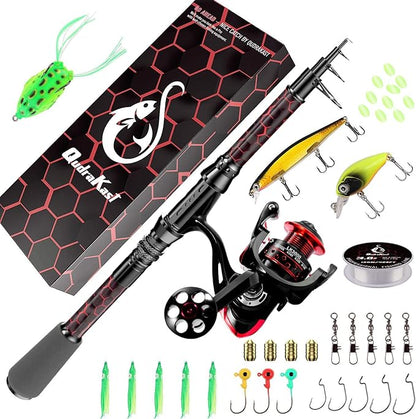Fishing Rod and Reel Combos, Unique Design with X-Warping Painting, Carbon Fiber Telescopic Fishing Rod with Reel Combo Kit with Tackle Box, Best Gift for Fishing Beginner and Angler