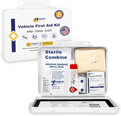 MFASCO Vehicle First Aid Kit - DOT/ANSI/OSHA Compliant - Metal - Portable & Mountable - Waterproof - First Aid Kits for Businesses, Construction, Commercial Vehicles, Workplaces - 115 Pcs