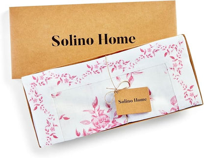 Solino Home Pink Floral Print Table Runner 108 Inches Long - 100% Pure Linen Table Runner 14 x 108 Inch - Handcrafted and Machine Washable - Jolie Fleur Print