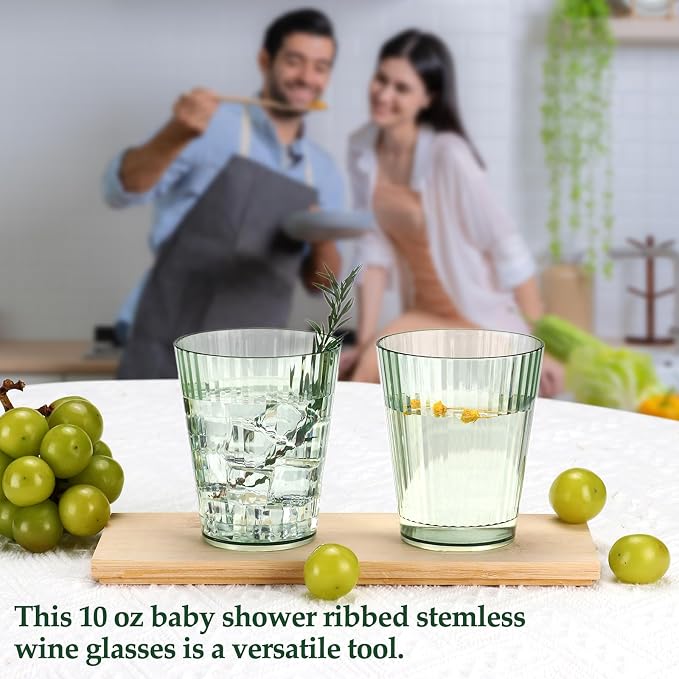 24 PCS Plastic Ribbed Drinking Glasses Green 10oz Vintage Ripple Stemless Wine