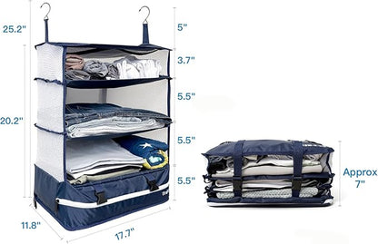 Grand Fusion Stow-N-Go Travel Luggage Organizer – Portable Hanging Travel Shelves, Carry-On Closet Organizer, Hanging Packing Cubes, Collapsible Carry-On Organizer for Cruises & Hotels. Blue - XL