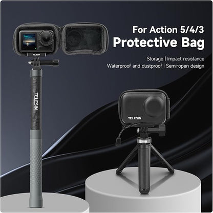 TELESIN Mini Carry Case Lens Protector for DJI Action 5 Pro Action 4 Action 3 Insta 360 Ace Insta360 Ace Pro Accessories, Mini Protective Carrying Bag Half Zipper for Selfie Stick Tripod Accessory