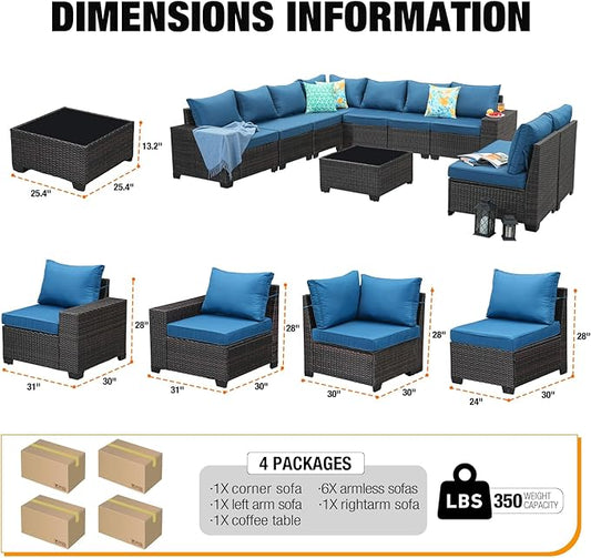 10 Pieces Patio Furniture Set All-Weather Outdoor Wicker Sectional Conversation