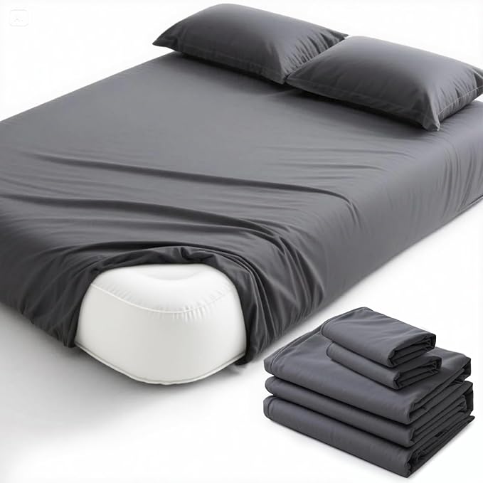 Degrees of Comfort Queen Sheet Set for Air Mattress – 4-Piece Bedding Sets, Extra Deep Pocket Fitted Sheet up to 22”, Dual Side Storage Pockets, Soft, Breathable & Wrinkle-Free, Grey