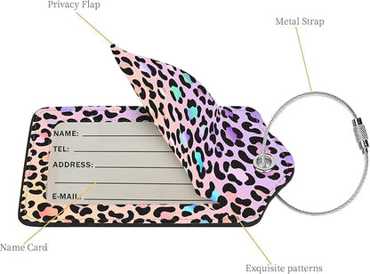 2 Pcs Luggage Tags for Suitcases,PU Leather Cruise Ship Luggage Tags with Privacy Cover Label Address Card and Durable Metal Ring Suitable for Men Women Children Handbags Backpacks,Gradient Leopard