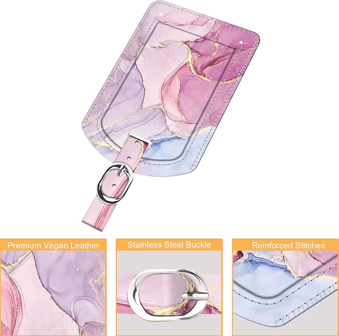FINTIE 2 Pack Luggage Tags, Leather Name ID Labels with Privacy Cover for Travel Bag Suitcase, Theme - Glittering Marble