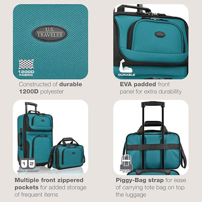 U.S. Traveler Rio Fabric Expandable Carry-on Luggage, Rolling Suitcase, Teal, 2 Wheel Set