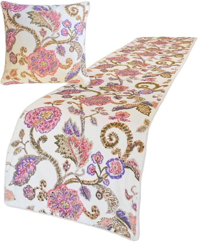The HomeCentric King/Queen/Twin White & Pink Designer King 90"x18" Bed Runner Without Pillow Cover, Floral, Printed, Sequins, Beaded, Embroidery & Handmade Bed Scarf on Cotton Fabric - Aster
