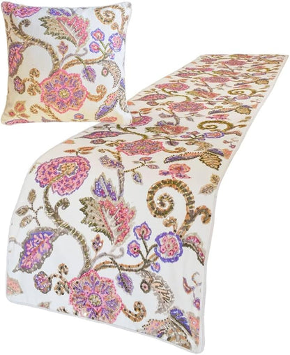 The HomeCentric King/Queen/Twin White & Pink Designer King 90"x18" Bed Runner Without Pillow Cover, Floral, Printed, Sequins, Beaded, Embroidery & Handmade Bed Scarf on Cotton Fabric - Aster